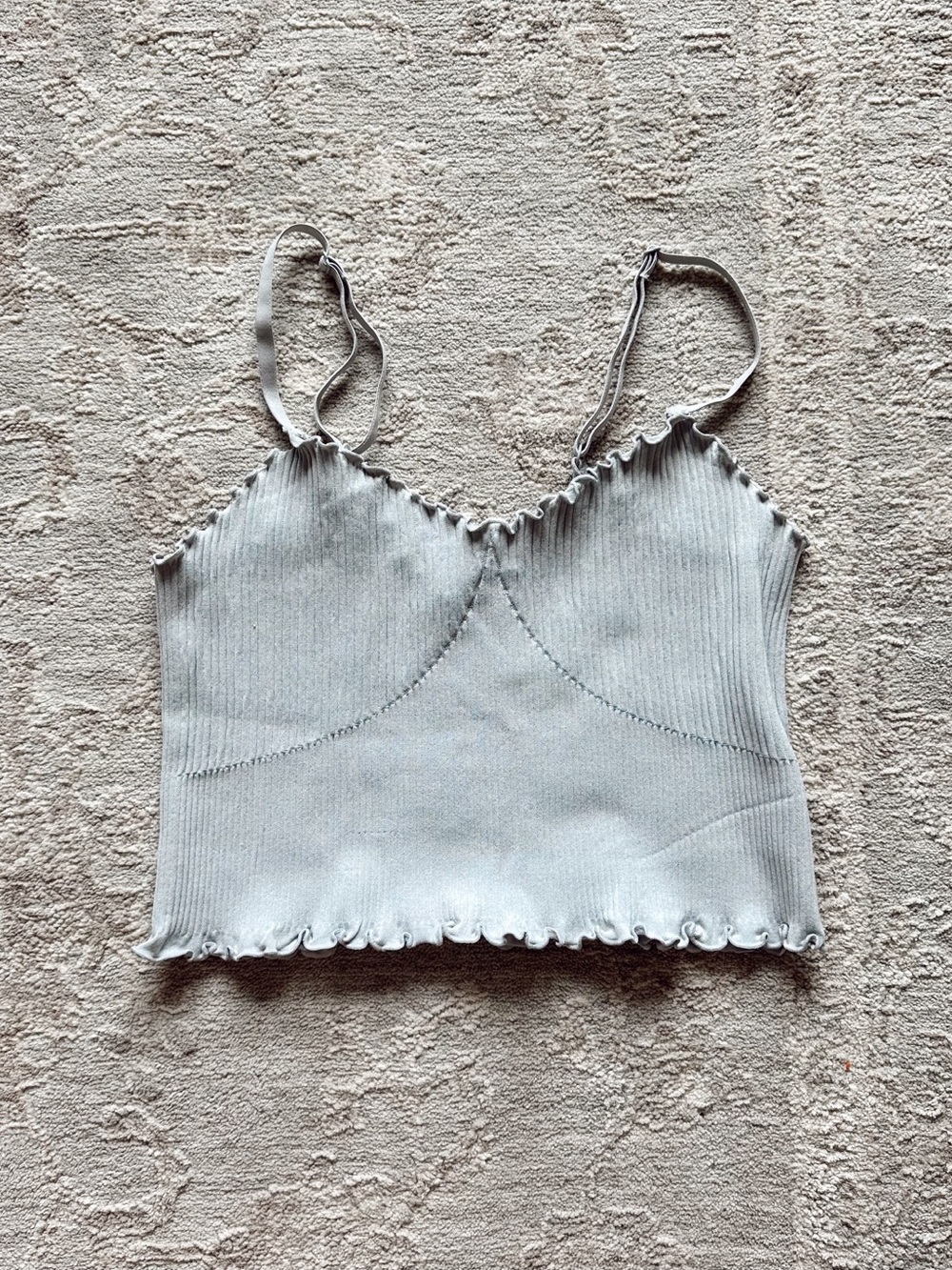 Aerie Seamless Corset Bra Bralette Light Gray Ribbed Lettuce-Edge Cropped Tank S